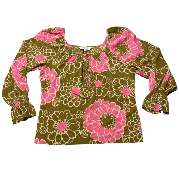 Trina Turk Los Angeles Floral Blouse Olive Green Pink SZ L Boho Peasant Top - Picture 2 of 10